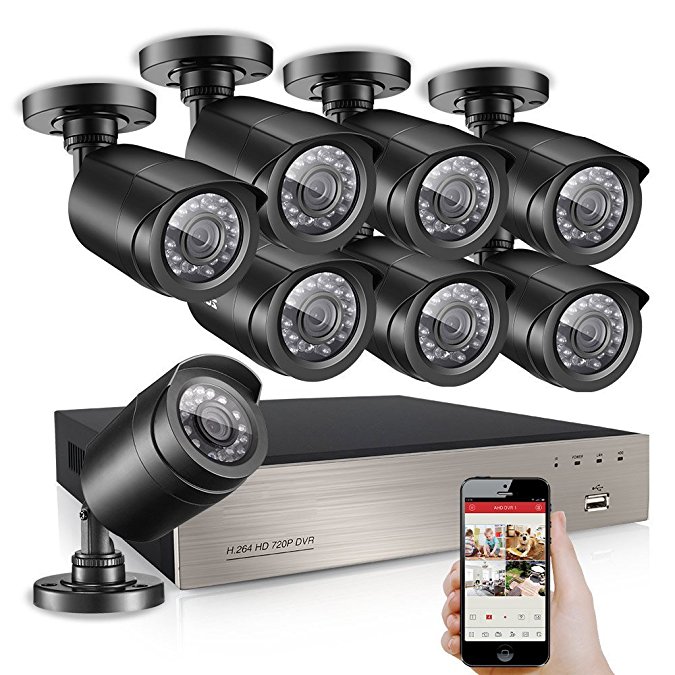 Upgrade 8CH 720P H.264 Security Camera System DVR and 8 x 1.0MP 720P(1280TVL) Indoor Outdoor Weatherproof CCTV Bullet Cameras with Easy DIY and Smart Motion Detection