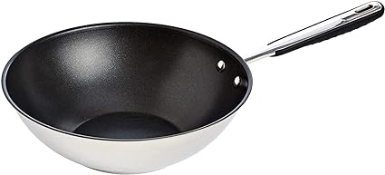 Amazon Basics Stainless Steel Induction Non Stick Wok Pan, 28 cm, with Soft Touch Handle, PFOA&BPA Free