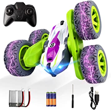 ADDSMILE Remote Control Car for Boys Girls, RC Stunt Car 4WD 2.4Ghz Double Sided 360° Rotating RC Cars High Speed Vehicle Toy with Headlights for Kids Over 4 Years Old (All Batteries Included) (Green)