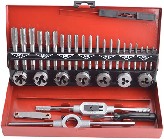 Gunpla 32 Pieces Tap and Dies Set Tungsten Heavy Duty Alloy Steel Metric Screw Threads Cutting Tools Taper Drill Threading Kit with Storage Case