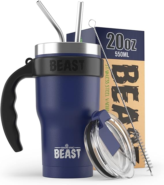BEAST 20 oz Royal Blue Tumbler Set with Handle - Stainless Steel Coffee Cup   2 Straws Brush, Gift Box & Black Handle