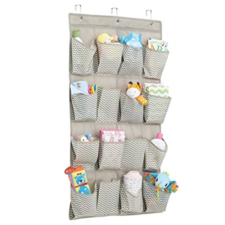 mDesign Chevron Fabric Baby Nursery Closet Organizer for Diapers, Pacifiers, Toys, Wipes - Over Door, 16 Pockets, Taupe/Natural