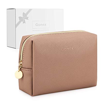 Gonex Small Makeup Bag for Purse PU Vegan Leather Travel Cosmetic Pouch Toiletry Bag for Women Girls Gifts with Gift Box Portable Water-Resistant Daily Storage Organzier Coffee Gold