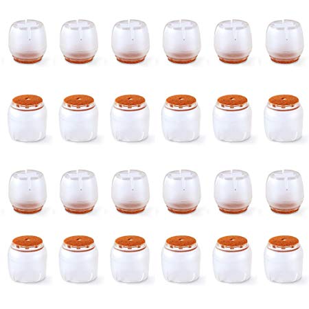 WIOR Chair Leg Caps, 24pcs Transparent Silicone Floor Protector Anti-slip Furniture Feet Covers with Scratchproof Felt Pads Fit Round 7 Chair Leg 32-37mm or Square 27-30mm