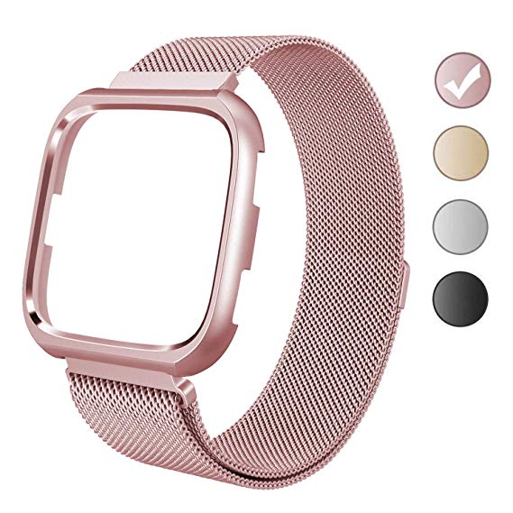 VEAQEE for Fitbit Versa Bands with Frame, Milanese Mesh Loop Stainless Steel Metal Replacement Wristband Bracelet Strap Magnetic Buckle Protective Case Bumper