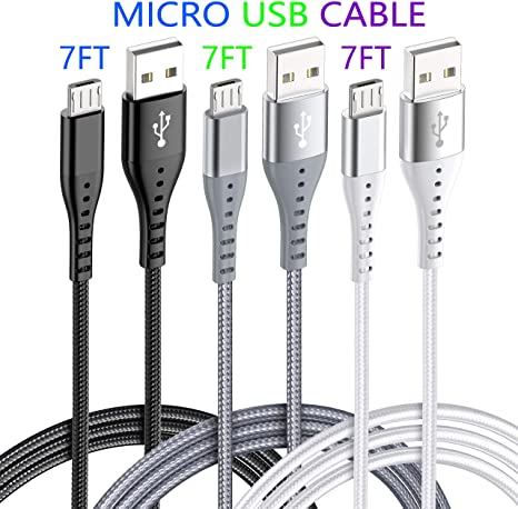Android Charger Cable XnewCable High Speed Cell Phone Charger 7FT 3PACK Micro USB Cable Multi-Colors Nylon Braided Fast Charging Cord Compatible Android Samsung HTC LG Nexus Kindle (Black Gray White)