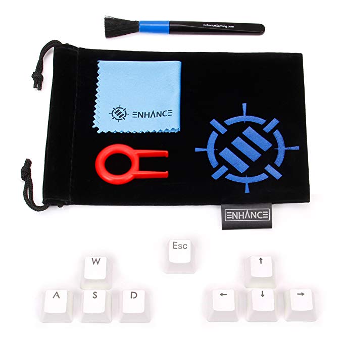 ENHANCE Doubleshot PBT Keycaps Set Gaming Upgrade Kit - Backlit Clear WASD Keycaps Compatible with Mechanical Switches - Keycap Puller, Dust Brush and Microfiber Cloth - White