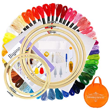 Pllieay Embroidery Starter Kit with 5 Pieces Bamboo Embroidery Hoops, 50 Color Threads, 2 Pieces 12 by 18-Inch 14 Count Classic Reserve Aida and Cross Stitch Tool Kit