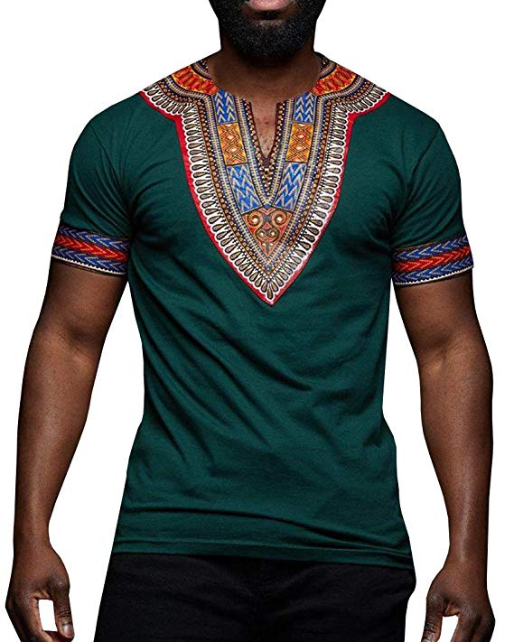 Seraih Men's Dashiki T-Shirt Boho Printed Shirts V Neck Blouses