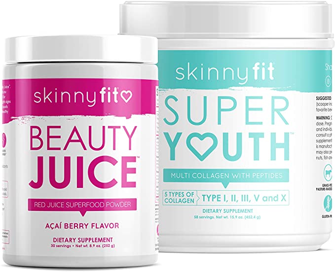 SkinnyFit Beauty Juice and Super Youth Unflavored, Superfood Powder & Collagen, Healthy Weight, Clear Skin, Stronger Hair & Nails, Joint & Bone Support, Supports Digestion, 88 Servings