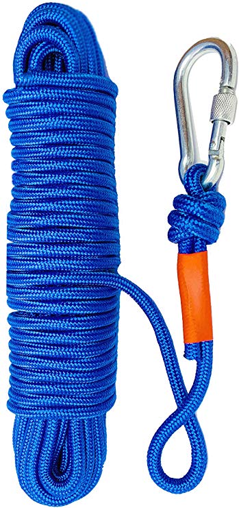 MaxMagnets Rock Climbing Rope, Magnet Fishing Rope with Carabiner 1/4 Inch 6mm x 65 Feet High Strength Cord Safety Rope Max Working Capacity 550LBS, All-Purpose Braided Rope