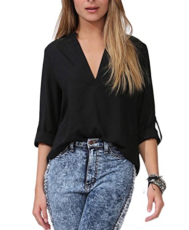 LOSRLY Women's Loose Solid Chiffon Blouses V Neck Cuffed Sleeve Shirts Tops