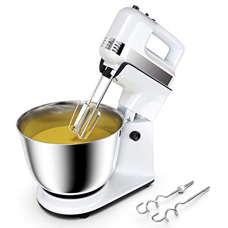 COSTWAY Stand Mixer, 200W Stand Mixer with 5-Speed Control Hand Mixer with Stainless Steel Mixing Bowl, Dough Hooks & Beaters Stainless Steel Bowl, Kitchen Mixer (White)