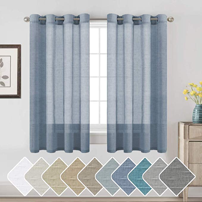 Sheer Linen Kitchen Curtains - 63 Inches Long Bedroom Window Treatments for Living Room / Rich Linen Curtain Panels and Drapes, Classic Nickel Grommet Curtains, Denim, 52 by 63 Inch, 2 Panels