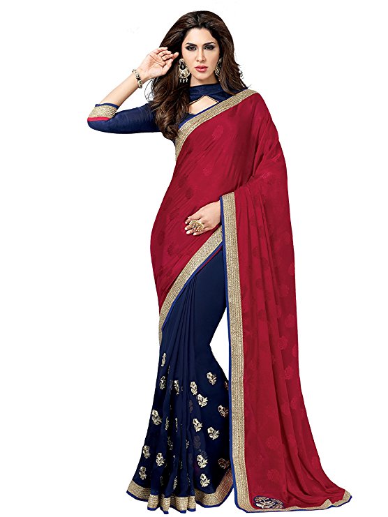 Shonaya Blue &Red georgette Patch work Saree With Unstitched Blouse Piece, Free Size