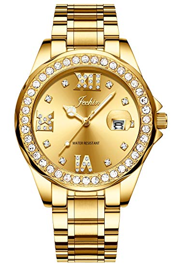 Jechin Women's Luxury Quartz Wristwatch Charm Rose Gold Crystal Diamond Dial Bracelet Watches for Ladies