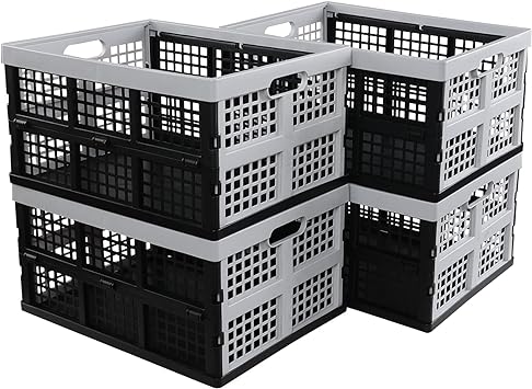 Qqbine 34 L Plastic Collapsible Storage Crates, Folding Crate Baskets, Black and Light Grey, 4 Packs