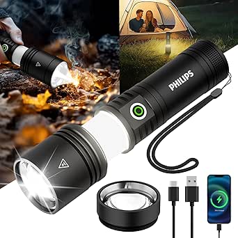 PHILIPS LED Rechargeable Flashlight with Ambient Lamp and Ignition Lens,Tactical Flashlights High Lumens with 2 Colors,Zoomable,5 Modes,Output,Flash Light for Camping Essentials,Outdoor, Home