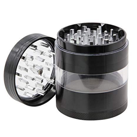 DCOU Large Aluminum Spice Herb Grinder - Plant Grinder with Magnetic Lid and Pollen Catcher, 4 Piece, 2.5 inches (Black)