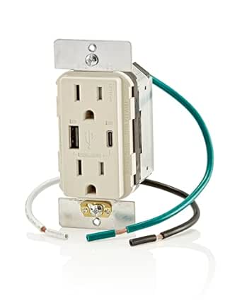 Leviton T5634-T 60W (20V@2.5A  5V@2A) USB Dual Type A/Type-C Power Delivery in-Wall Charger with 15A Tamper-Resistant Outlet, USB Charger for Smartphones, Tablets, Laptops, Light Almond