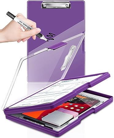 Clearview Clipboard with 2 Storage, Dry Erase 8.5x11 Heavy Duty ClipBoards - High Capacity Coaches Clip Board with Pen Holder - Side Opening Plastic Nursing Clip Case (Dark Purple)