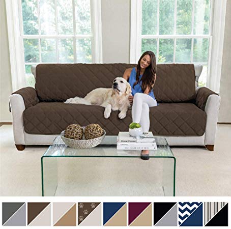 MIGHTY MONKEY Premium Reversible Sofa Slipcover, Seat Width to 78 Inch Furniture Protector, 2 Inch Elastic Strap, Washable Couch Slip Cover, Protects from Kids, Oversized Sofa, Paw, Chocolate Taupe