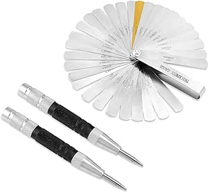 QWORK 6" Automatic Center Punch and Steel Feeler Gauge Dual Marked Metric and Imperial Measuring Tool, 2 Pack Steel Spring Loaded Center Hole Punch, Foldable 32 Cutter 65 Manganese Steel Etched Sizing