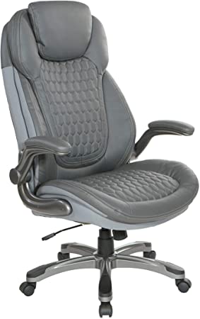 Office Star Bonded Leather High Back Chair with Flip Arms, Grey