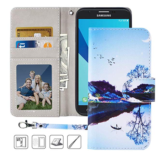 Galaxy J7 Prime Wallet Case,MagicSky J7 Perx,J7 Sky Pro,J7 V (SM-J727) Halo Case Floral PU Leather Flip Folio Case Cover with Wrist Strap,Card Holder,Kickstand for Samsung Galaxy J7 2017,Blue Lake