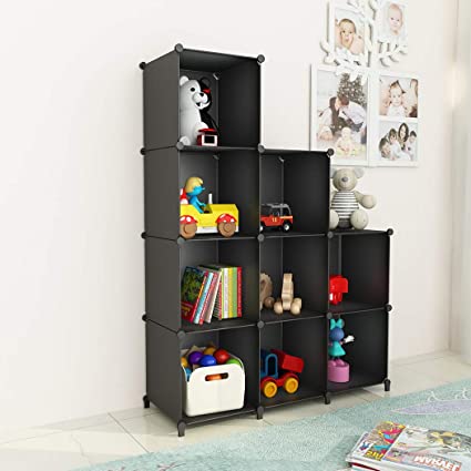 SIMPDIY Portable Storage Organizer Plastic Cubes Sturdy Bookshelf 9 Cubes Black Multi-Function Space-Saving Shelves Plastic Sheves Rack