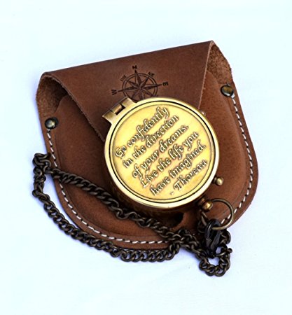 Brass Compass Engraved With Thoreau's Go Confidently Quote And Stamped Leather Case, Boy Scouts Gifts