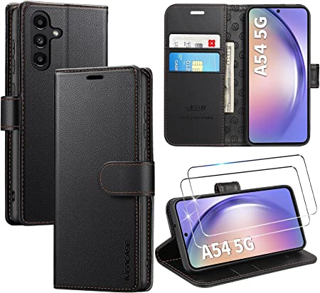 ivencase Compatible with Samsung Galaxy A54 5G Case and 2 Tempered Glass Screen Protector, Leather Wallet Phone Case with Card Slots Magnetic Closure Kickstand Cover for Samsung A54 - Black