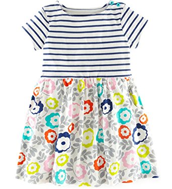 Fiream Girls' Casual Short-Sleeved Striped T-shirt Dress