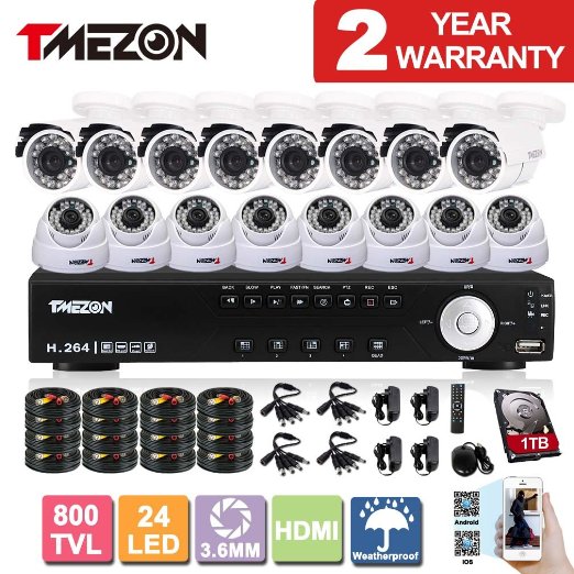 TMEZON 16Channel HDMI DVR CCTV Kits Security Cameras System w/ 8 Outdoor Bullet  8 Indoor Dome 800TVL Hi-Resolution Video Surveillance Cameras 1TB Hard Drive
