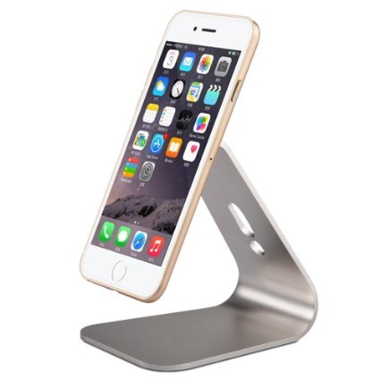 iphone Desktop Stand,KINGWorld Portable Universal Solid Aluminum Micro-Suction Holder Cradle for E-readers and Smartphones,Compatible with iphone/ipad/Samsung Galaxy and Other Cellphones-Sliver