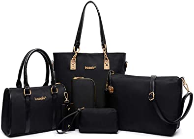 FiveloveTwo Women 6Pcs Handbag Set Nylon Top Handle Bag Totes Satchels Crossbody Shoulder Bags and Purse Clutch