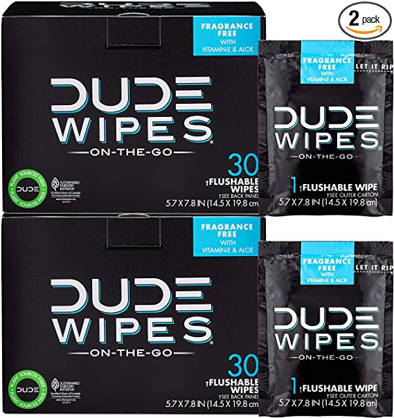 DUDE Wipes Flushable Wipes, Individually Wrapped for Travel, Unscented Wet Wipes with Vitamin-E & Aloe, Septic and Sewer Safe, 30 Count (Pack of 2)