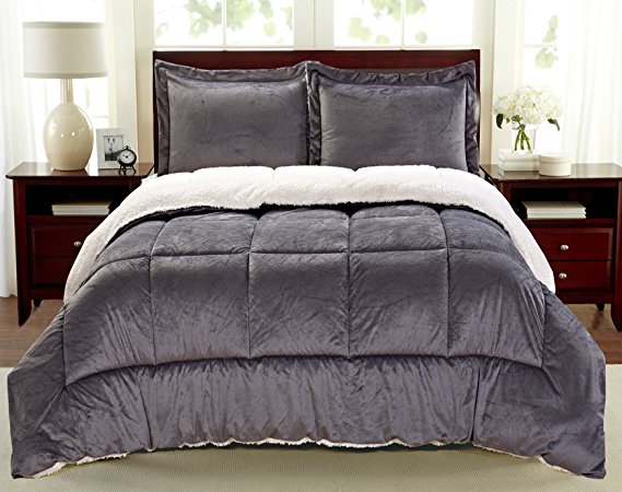 Cathay Home Fashions Reversible Faux Fur and Sherpa 2 Piece Comforter Set, Twin, Pewter