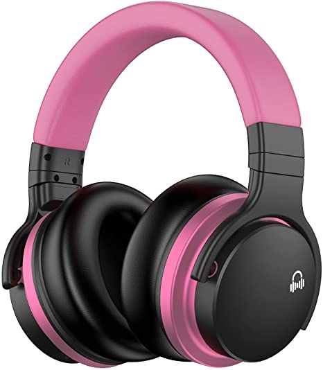 MOVSSOU E7 Active Noise Cancelling Headphones Bluetooth Headphones Wireless Headphones Over Ear with Microphone Deep Bass, Comfortable Protein Earpads, 30 Hours Playtime for Travel/Work, Pink