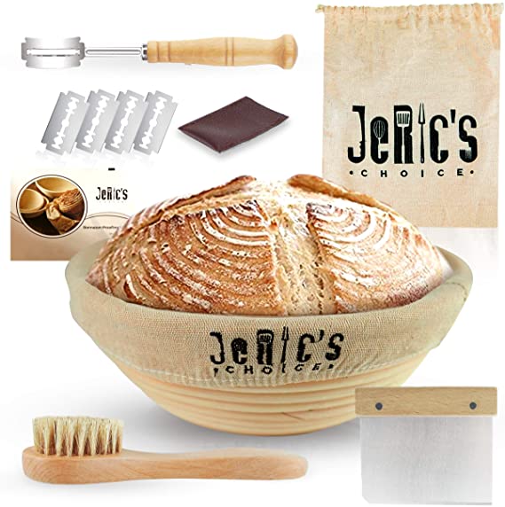 JeRic's Choice 9 Inch Banneton Proofing Basket Kit - Bread Rising Bowl with Liner | Wood Handle Stainless Steel Dough Scraper | Bread Lame | Cleaning Brush Tools - Round Sourdough Proofing Bowls