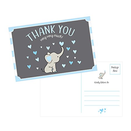50 4x6 Elephant Boy Baby Shower Thank You Postcards Bulk, Beautiful Modern Cute Boho Blue Blank Thanks Note Card Stationery Appreciation Set
