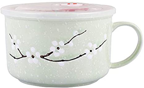 Asian Soup Noodle Bowl With Handle, Japanese Style Microwavable Ceramic Noodle/Soup Bowls Lid with and Handles (Cyan)