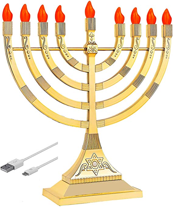 Electric Hanukkah Menorah LED Bulbs - Batteries or USB Powered - 4' Cable Included Battery Hanukkiah Chanukah Lights by Zion Judaica - Gold