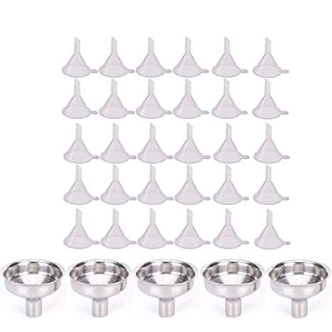 Buytra 5 Pack Stainless Steel Mini Funnels and 30 Pack Clear Plastic Funnels for Essential Oil Bottles, Perfume, Flask, Sand Art, Lab Chemical Liquids