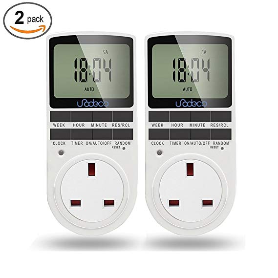 Unodeco Digital Timer Socket with Random and Summer Time, Programmable Timer Plug with LCD Display, 24/7 days, UK Plug, Energy Saving, (WHITE,2 Pack)