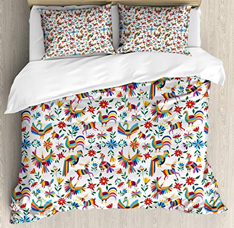 Ambesonne Mexican Duvet Cover Set King Size, Traditional Latin American Art Design with Natural Inspirations Flowers and Birds, Decorative 3 Piece Bedding Set with 2 Pillow Shams, Multicolor