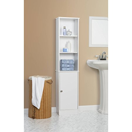 Neutral White Finish Compact Footprint and Tall Design Bathroom Linen Tower