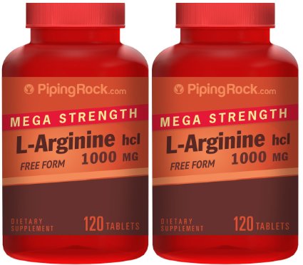 Mega Strength L-Arginine HCL 1000 mg Pharmaceutical Grade 2 Bottles x 120 Coated Caplets