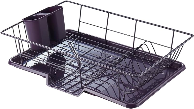 Space-Saving 3-Piece Dish Drainer Rack Set: Efficient Kitchen Organizer for Quick Drying and Storage - Includes Cutlery Holder and Drainboard - Maximize Countertop Space, Eggplant Purple