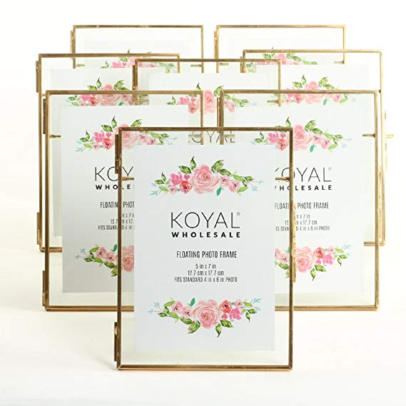 Koyal Wholesale Pressed Glass Floating Photo Frames 8-Pack with Stands for Horizontal or Vertical Pictures, Table Numbers, Place Cards (Gold, 5 x 7)